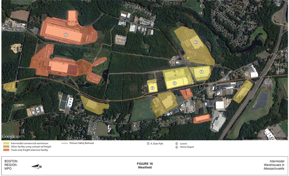 FIGURE 16. Westfield
This is an aerial photo of part of Westfield with intermodal warehouses and other industrial land uses highlighted.
FIGURE 16. Westfield
This is an aerial photo of part of Westfield with intermodal warehouses and other industrial land uses highlighted.